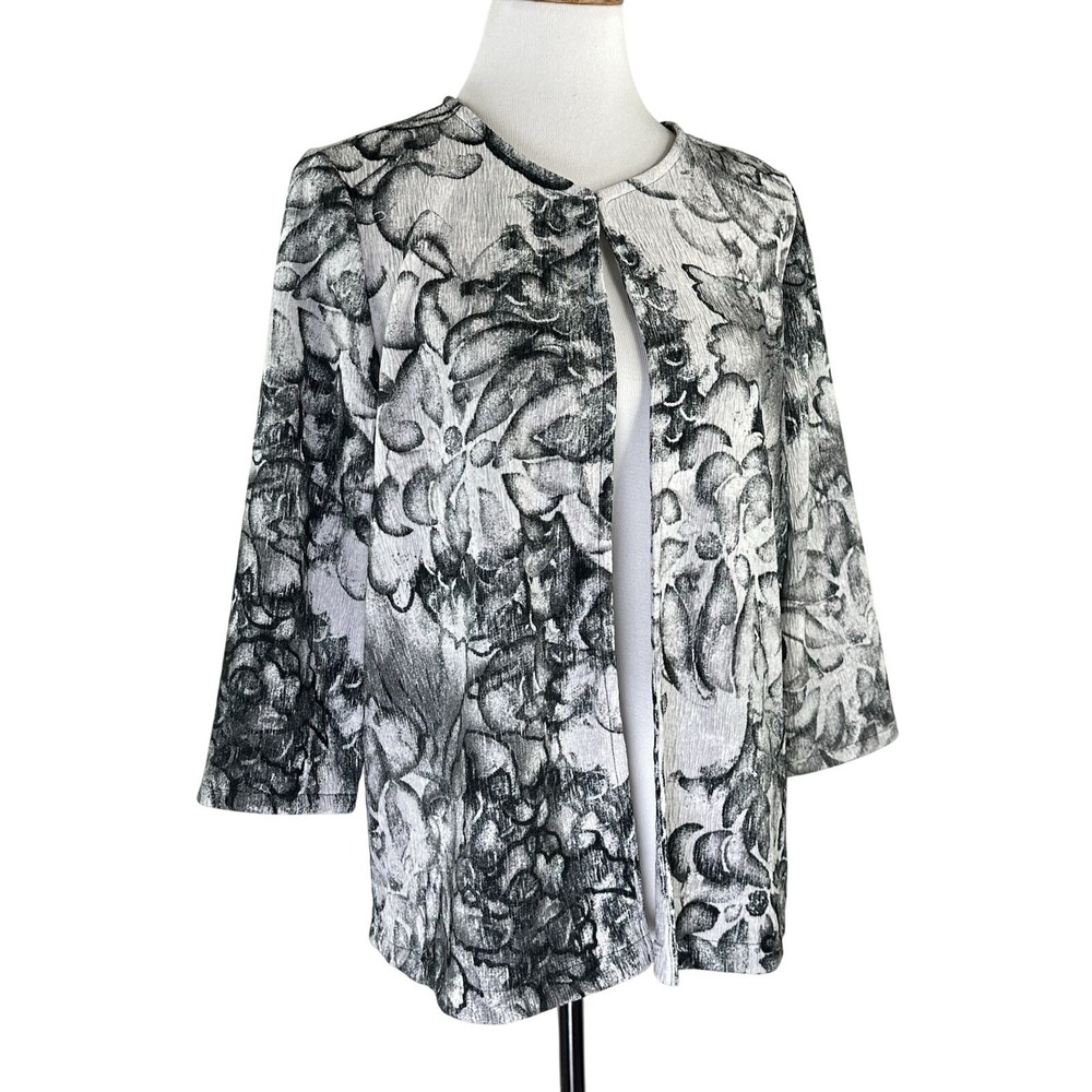 Chico's Easywear Black White Floral Open Front Cardigan 3/4 Sleeve Womens 1 US M